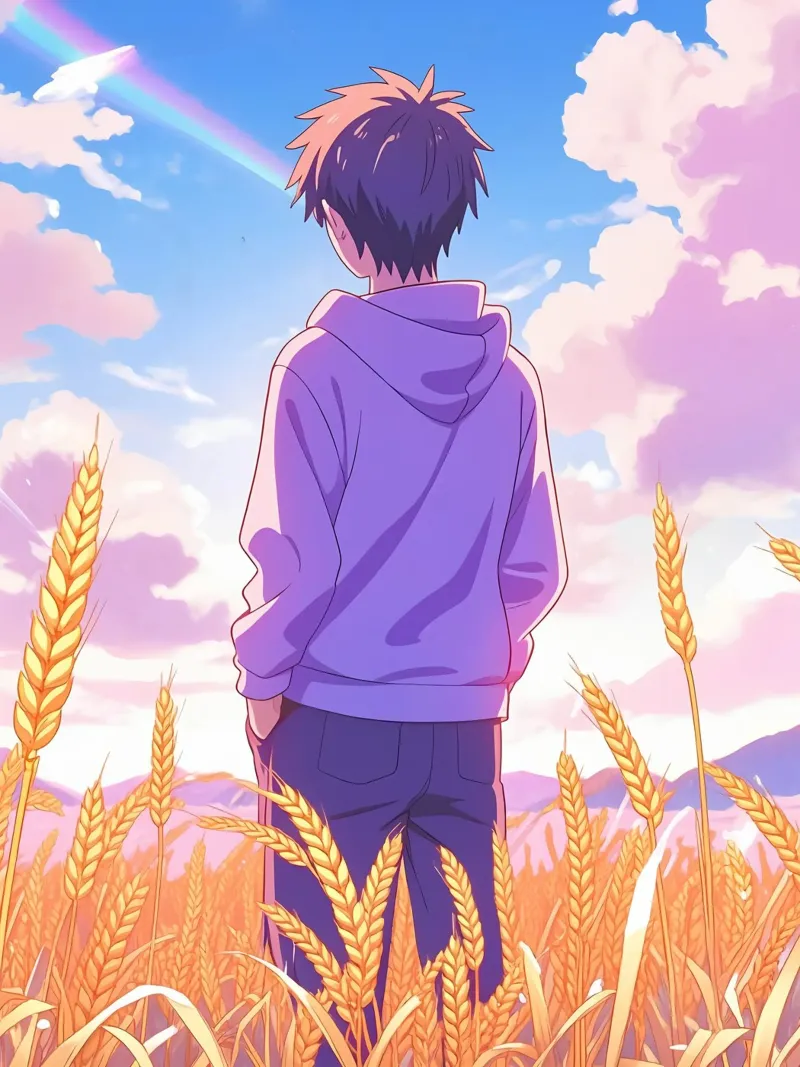 Un ragazzo in piedi in un campo di grano aperto in una giornata di sole Lofi Art plexiglass da LoFi Gallery