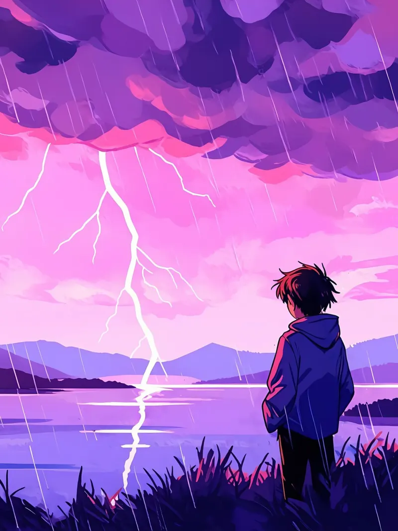 Un ragazzo in piedi a tempesta di fulmini in sera Lofi Art alluminio dibond da LoFi Gallery
