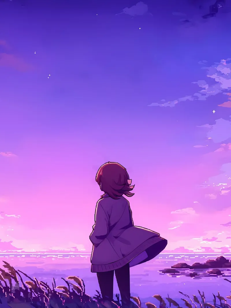 Une fille debout au bord de l'océan dans une prairie en soirée Lofi Art poster avec cadre en aluminium de LoFi Gallery