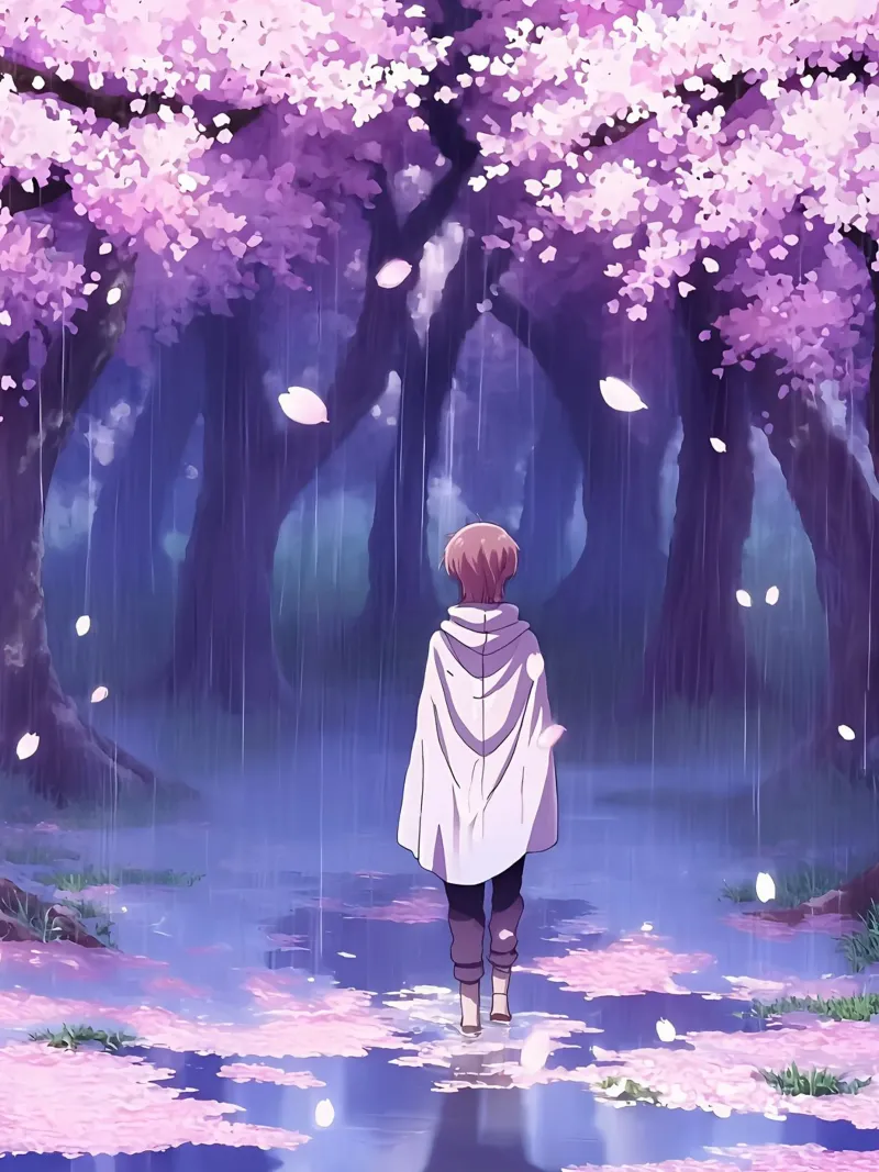Un ragazzo che cammina tra gli alberi di ciliegio in fiore Lofi Art pellicola backlit da LoFi Gallery