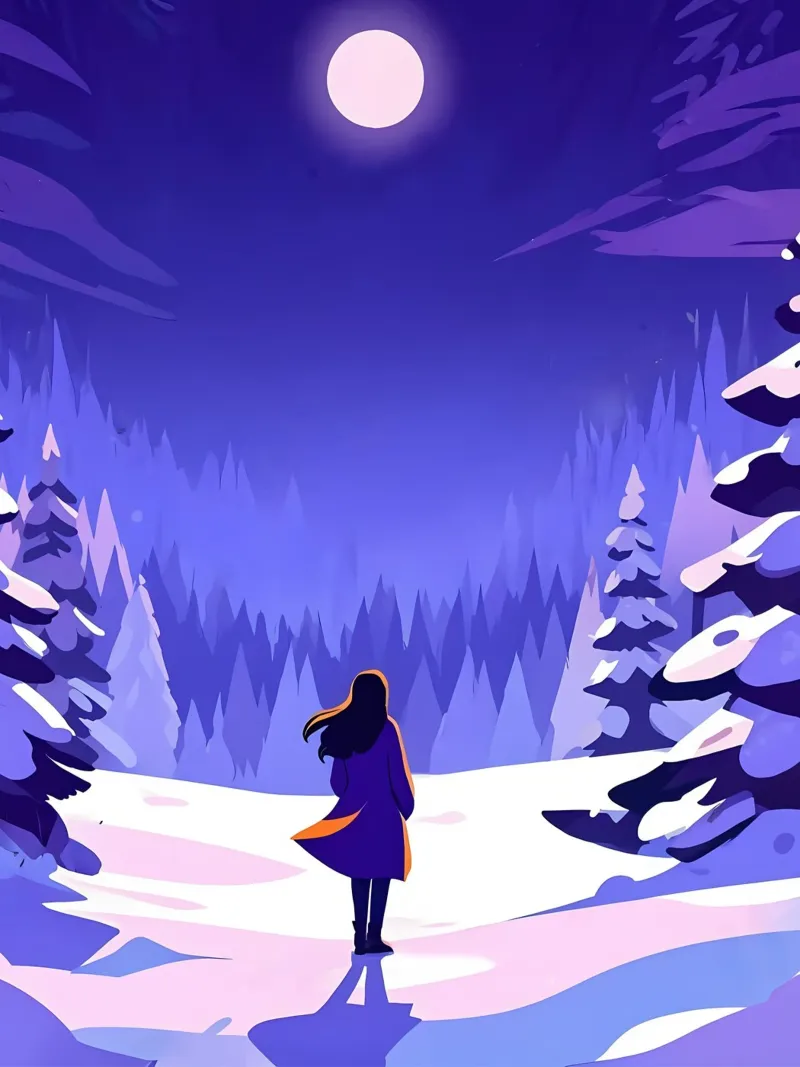 Una donna che cammina attraverso la foresta notturna innevata dalla luna Lofi Art pellicola backlit da LoFi Gallery