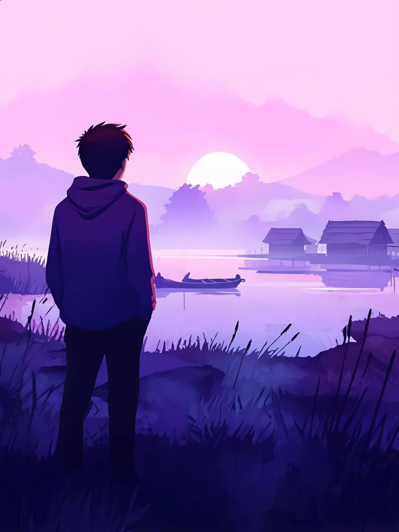 Un ragazzo in piedi in riva al lago di sera Lofi Art pellicola backlit da LoFi Gallery