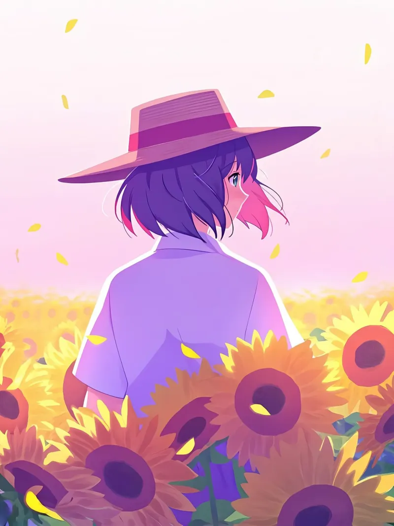 Una ragazza che cammina attraverso il campo di girasoli Lofi Art poster con telaio in plastica da LoFi Gallery