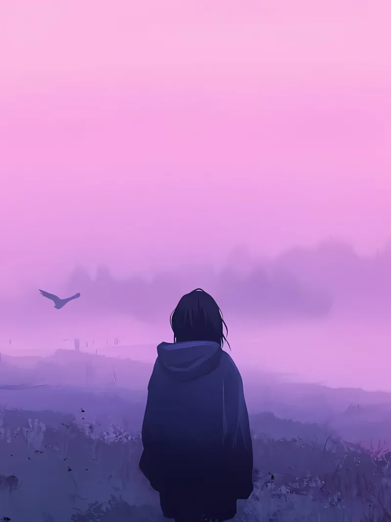Una ragazza in piedi e guardando gli uccelli della sera Lofi Art pannello forex da LoFi Gallery