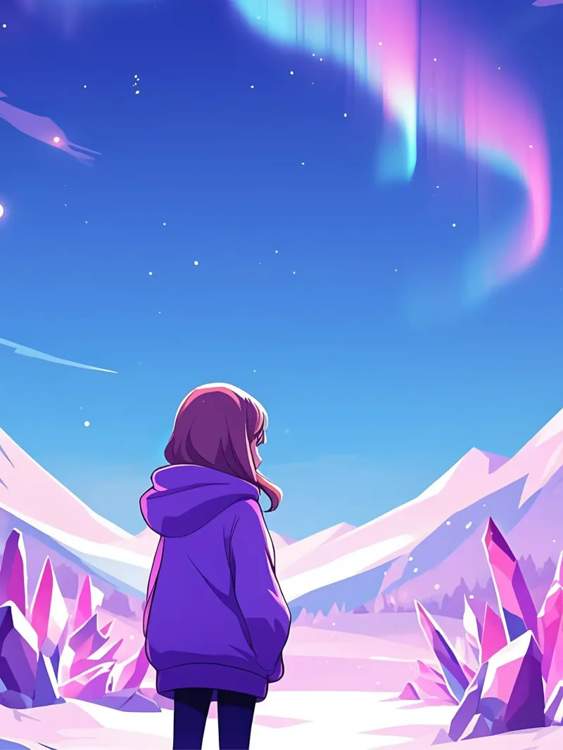Un ragazzo in piedi nella terra dei cristalli sotto l'Aurora Lofi Art pellicola backlit da LoFi Gallery