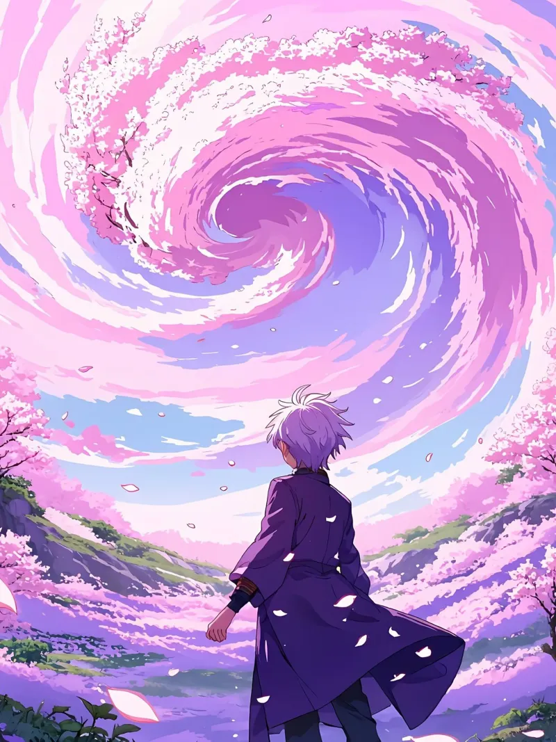 Un ragazzo che affronta la tempesta di fiori di ciliegio nel paese dei sogni Lofi Art pellicola backlit da LoFi Gallery