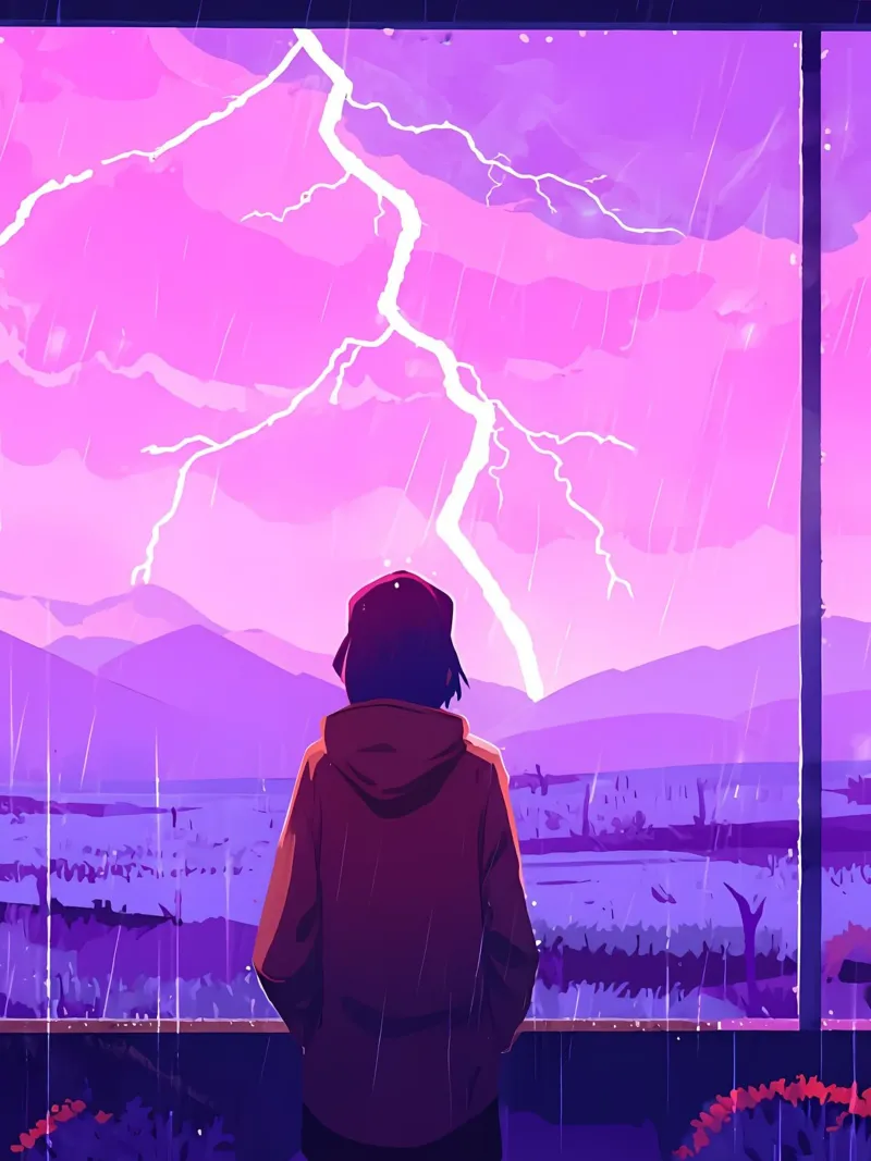 A Girl Looking A Lightning Strike From Glass Window Lofi Art hahnemühle by LoFi Gallery