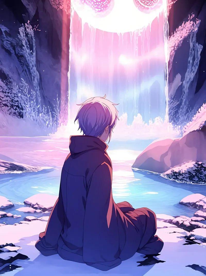 Ein Junge sitzt in der Nähe des Regenbogens Wasserfall Lofi Kunst Alu-Dibond von LoFi Gallery