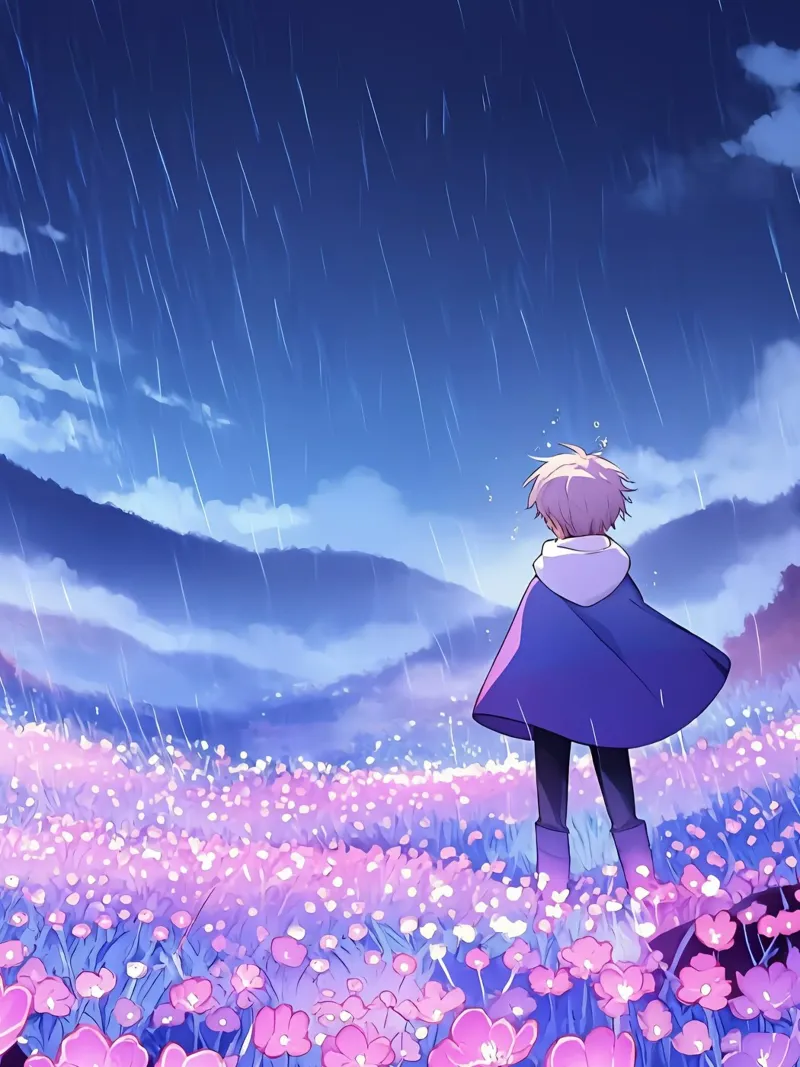 Un garçon marchant dans un champ de fleurs lumineuses Lofi Art hahnemühle de LoFi Gallery