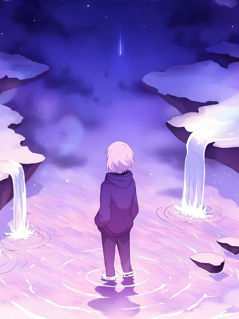 Un ragazzo in piedi in cascate da sogno Lofi Art pellicola backlit da LoFi Gallery