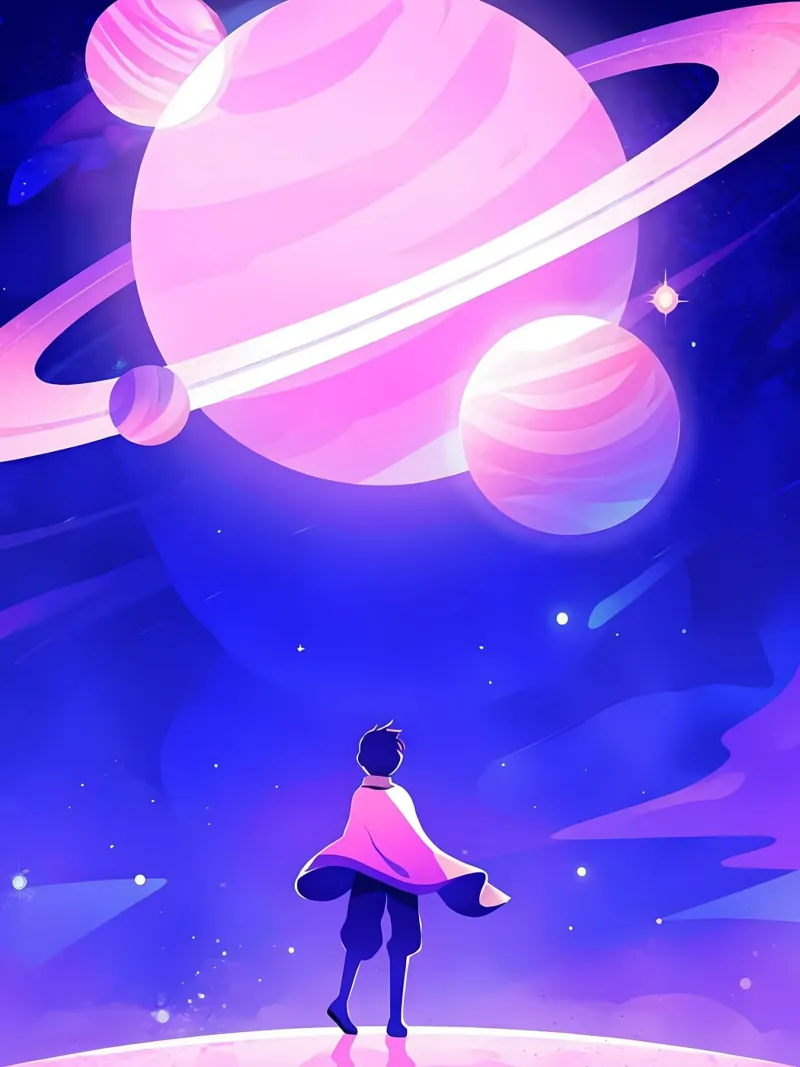Un garçon regardant un groupe de planètes de la lune rêveuse Lofi Art hahnemühle de LoFi Gallery
