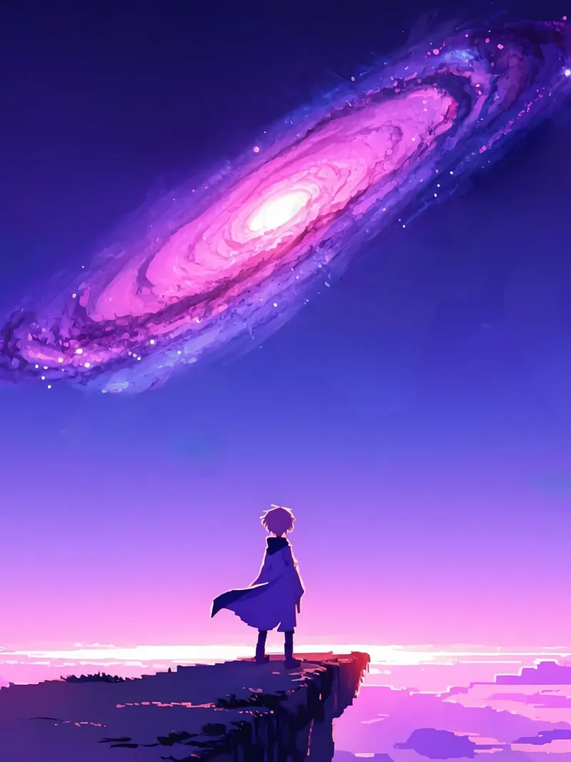 Un Niño De Pie En Un Acantilado Mirando Galaxias Lofi Art poster con marco de plástico de LoFi Gallery
