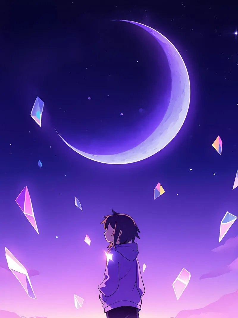 A Girl Looking At Floating Crystals Under Moon Lofi Art canvas with Floater frame by LoFi Gallery