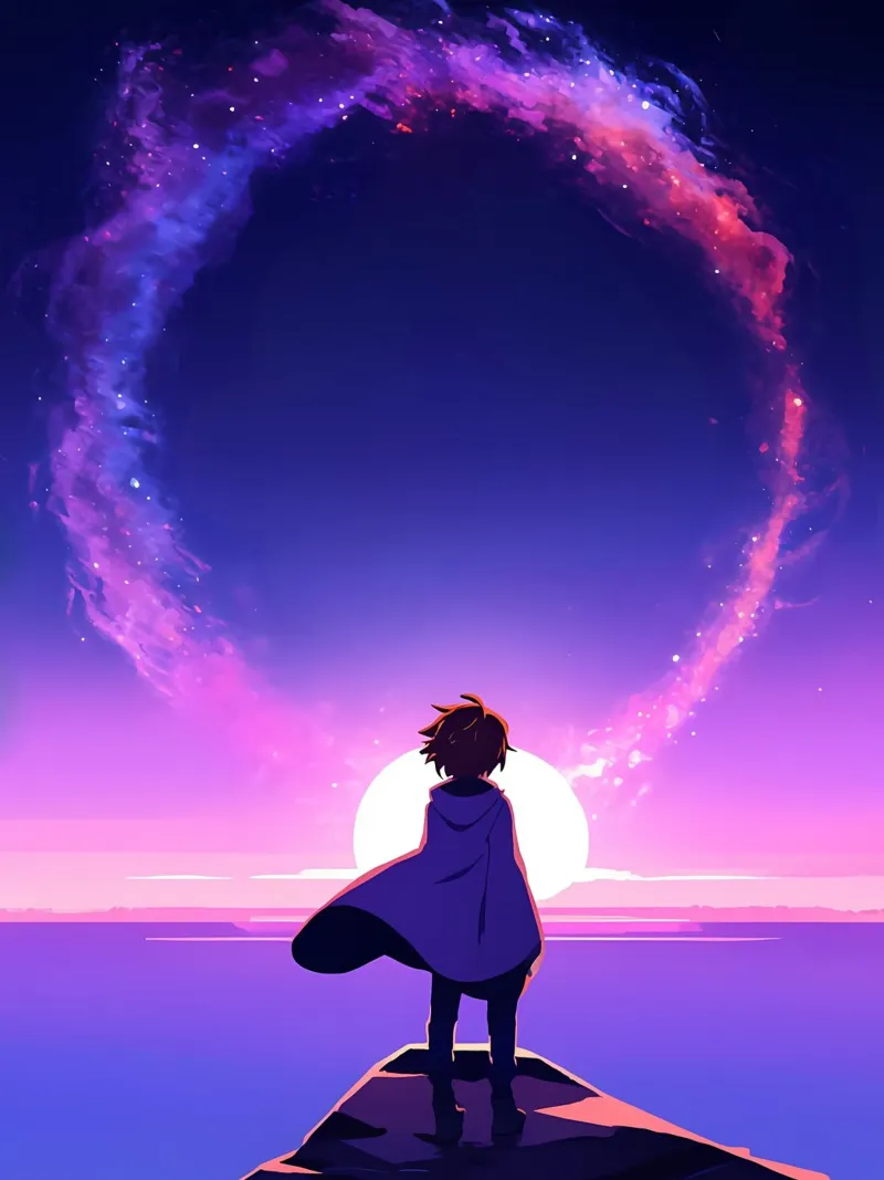 Un ragazzo che guarda il tramonto sotto una nuvola luminosa RIng Lofi Art alluminio dibond da LoFi Gallery