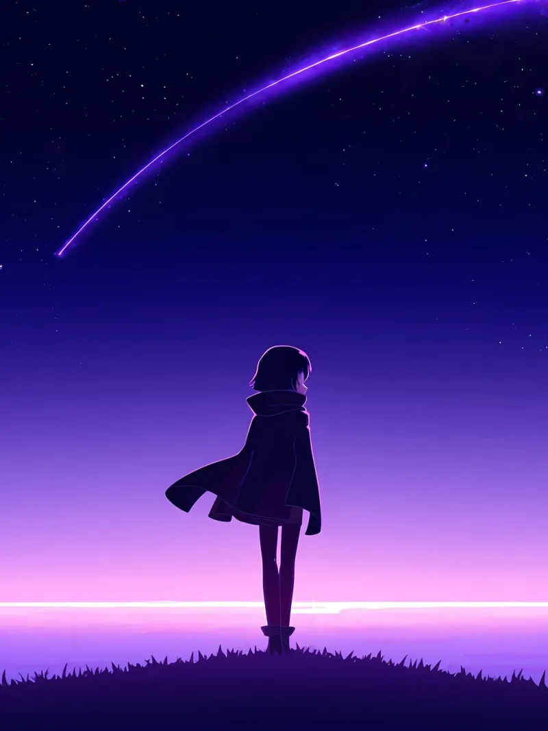 Ein Mädchen steht und schaut auf fallende Sterne Nacht Lofi Kunst Forex-Platte von LoFi Gallery