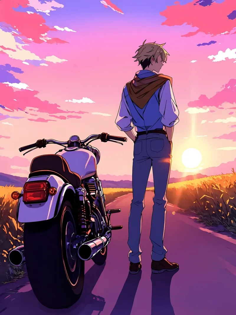 Ein Mann, der in der Nähe seines Motorrads steht Lofi Art Poster von LoFi Gallery