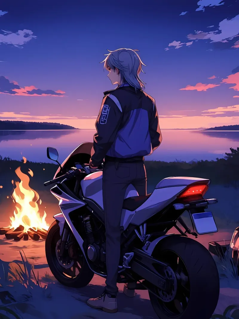 Un uomo in piedi con la sua moto vicino al fuoco Lofi Art poster da LoFi Gallery