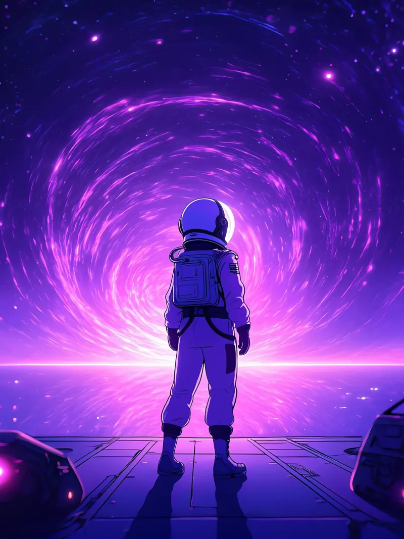 Un astronauta in piedi vicino al portale spaziale Lofi Art poster con telaio in alluminio da LoFi Gallery
