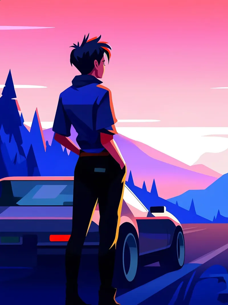 Un ragazzo in piedi vicino alla sua auto a Hillside Lofi Art pellicola backlit da LoFi Gallery