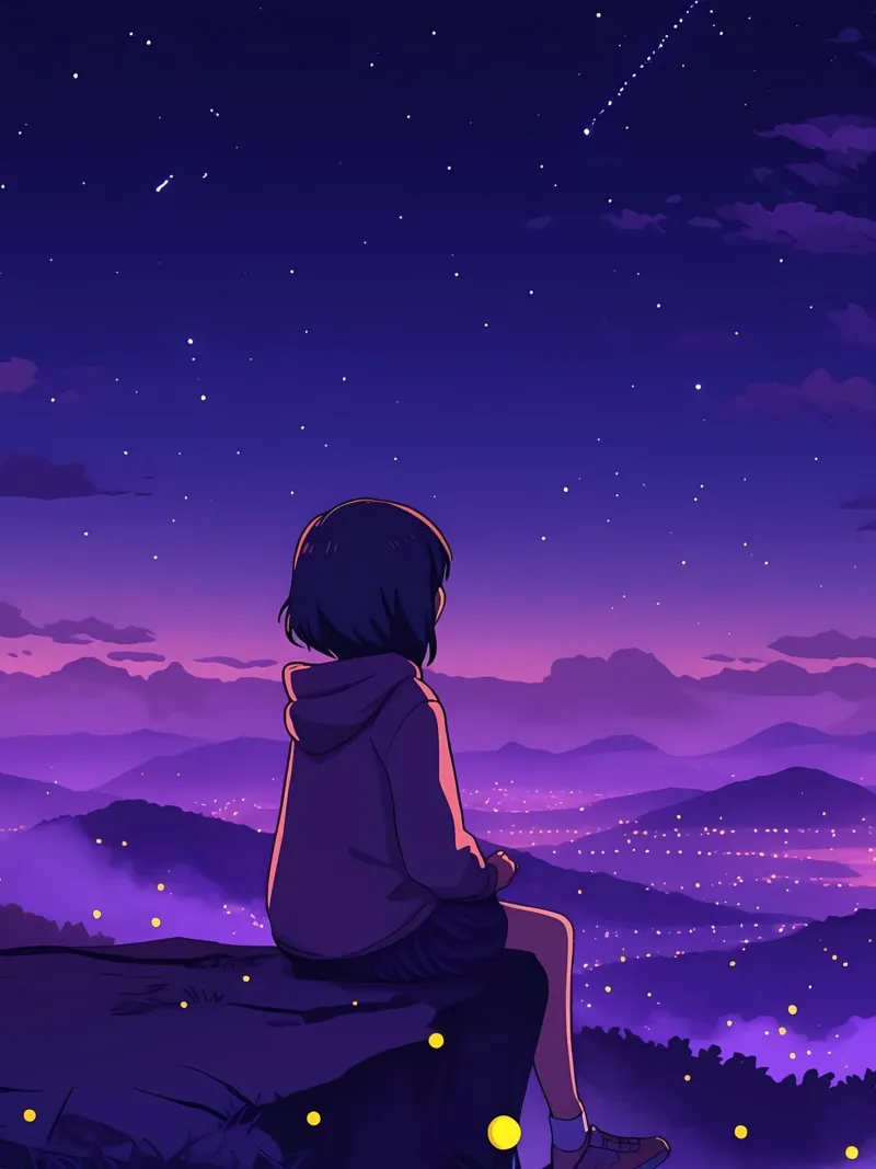 Una ragazza che si siede e guarda la luce notturna rurale capovolta Lofi Art alluminio dibond da LoFi Gallery