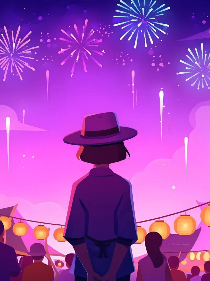 Una chica mirando los fuegos artificiales Lofi Art poster con marco de madera de LoFi Gallery