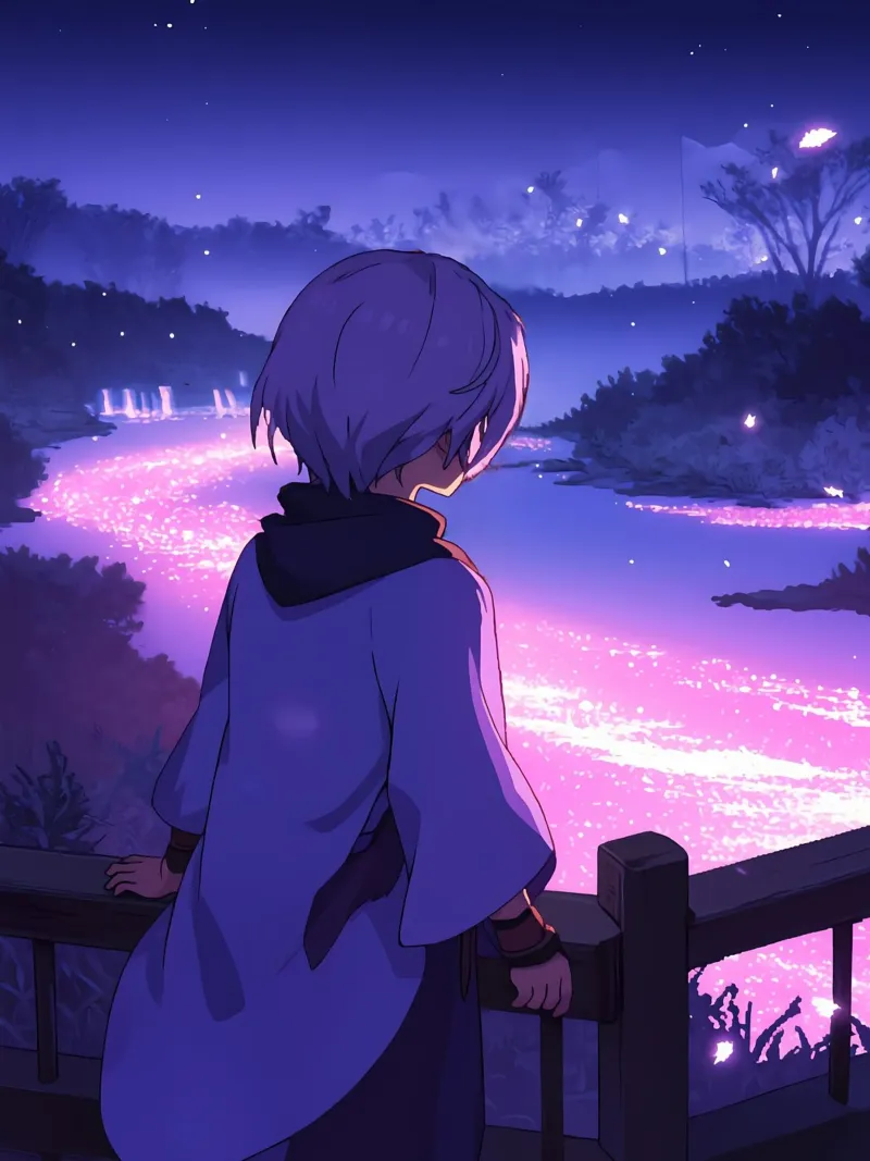 Una ragazza che guarda il fiume incandescente FLow di notte Lofi Art carta hahnemühle da LoFi Gallery