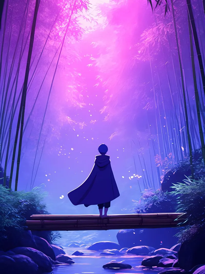 Una persona in piedi su un legno sotto la luna foresta notturna Lofi Art poster con telaio in legno da LoFi Gallery