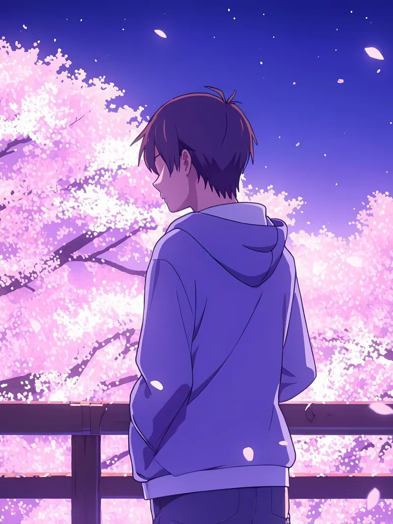 Un ragazzo che guarda gli alberi di ciliegio in fiore di sera Lofi Art pellicola backlit da LoFi Gallery