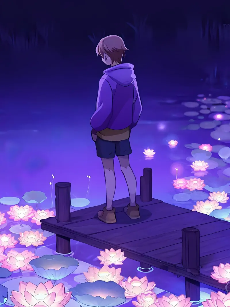 Un ragazzo che guarda i fiori d'acqua incandescenti Lofi Art pellicola backlit da LoFi Gallery