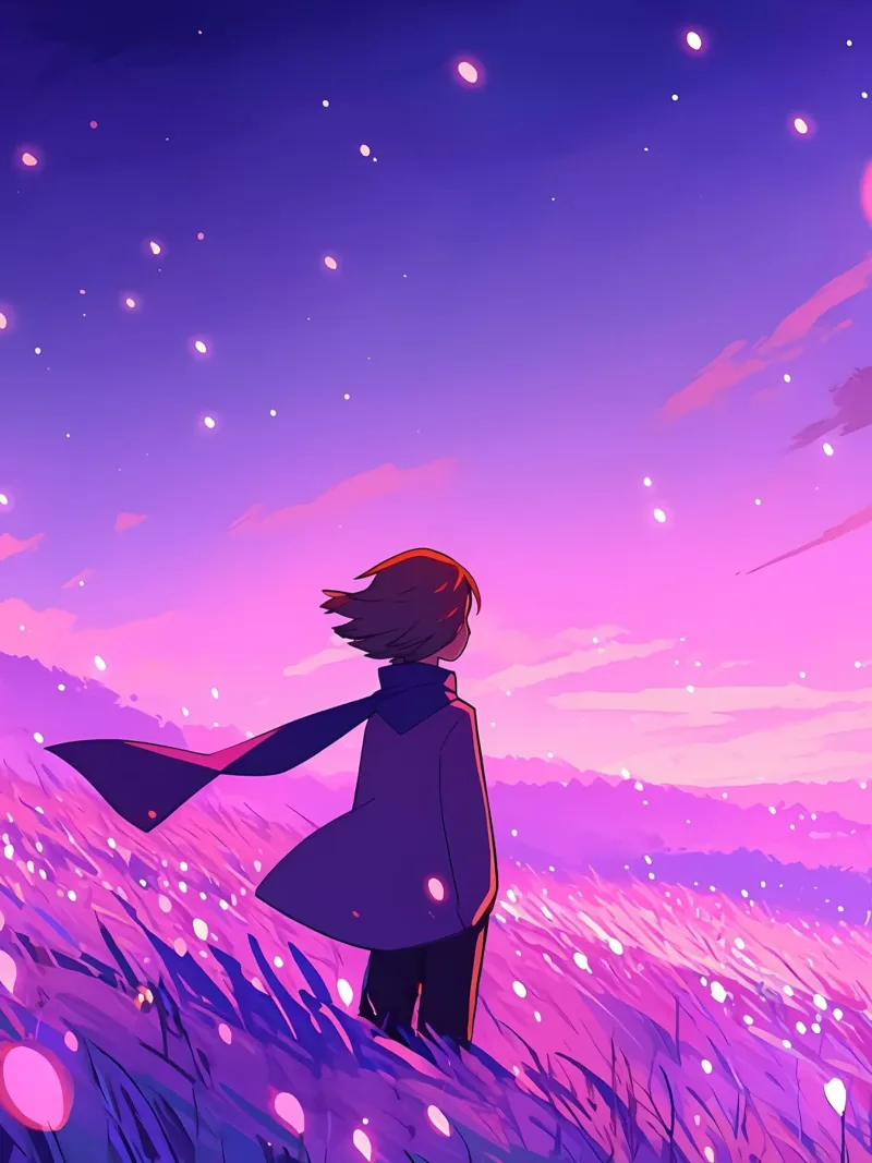 Ein Mädchen Blick auf Sonnenuntergang im Wind Grasland in der Nacht Lofi Kunst Leinwand von LoFi Gallery