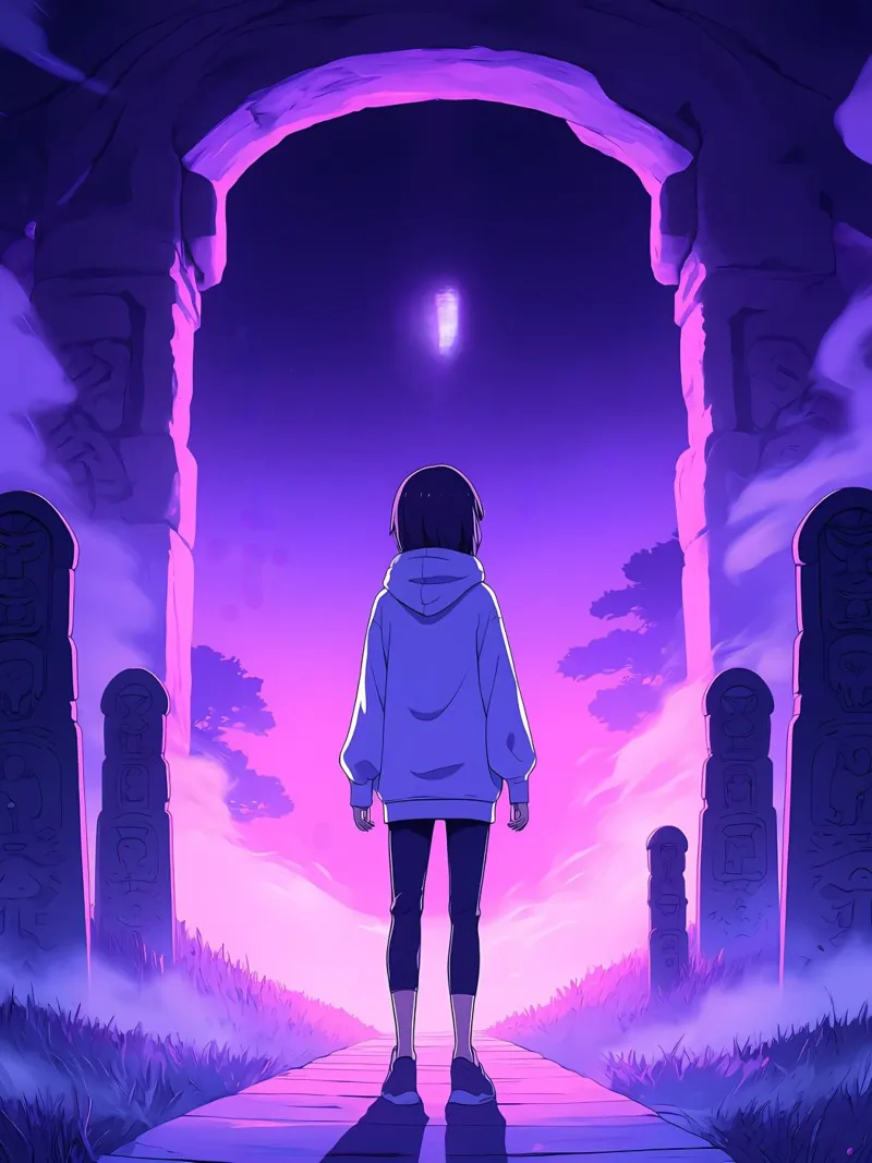 Una ragazza in piedi in un luogo infestato di notte Lofi Art pellicola backlit da LoFi Gallery