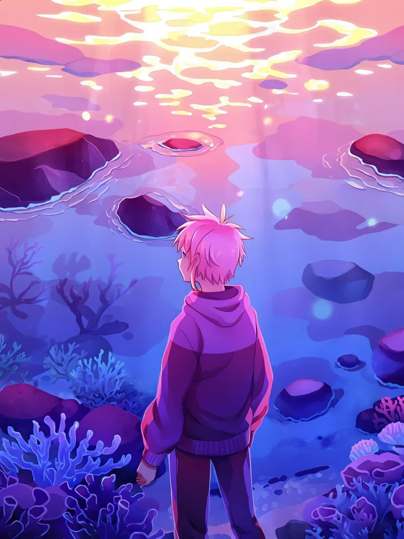 Un ragazzo in piedi sotto l'oceano guardando i coralli Lofi Art pellicola backlit da LoFi Gallery