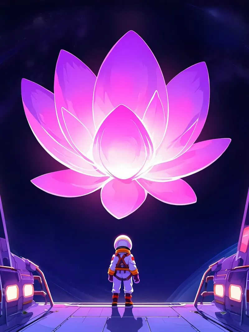 Un astronauta mirando una flor espacial gigante Lofi Art poster con marco de aluminio de LoFi Gallery