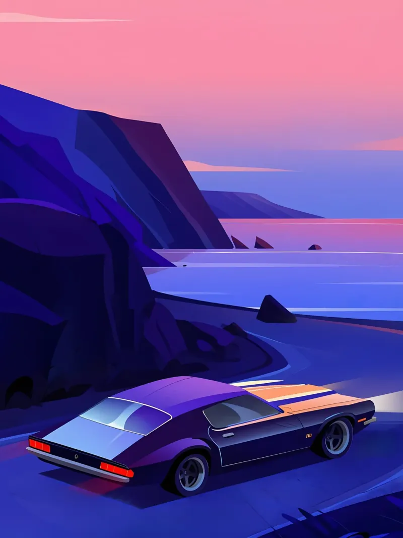 Ein Retro-Auto fährt durch Bergstraßen Lofi Art Acryl-Glas von LoFi Gallery
