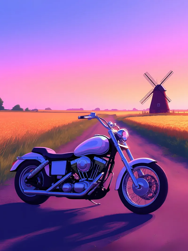 Una moto vicino a un mulino a vento Lofi Art poster con telaio in plastica da LoFi Gallery