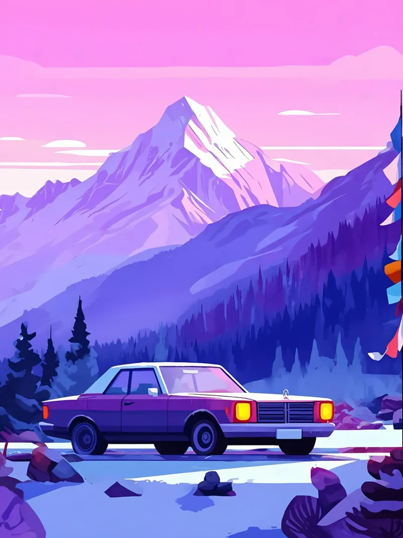 Un'auto retrò in montagna Spot Lofi Art carta hahnemühle da LoFi Gallery