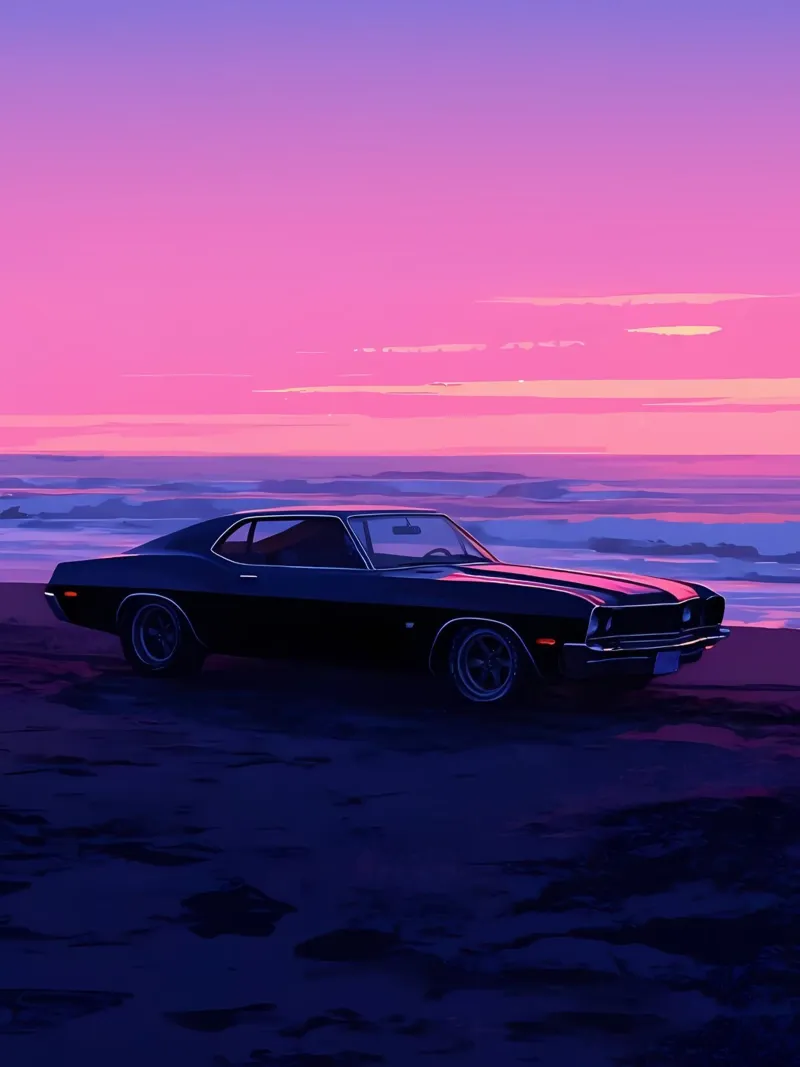 Un'auto retrò sulla spiaggia di sera Lofi Art pellicola backlit da LoFi Gallery