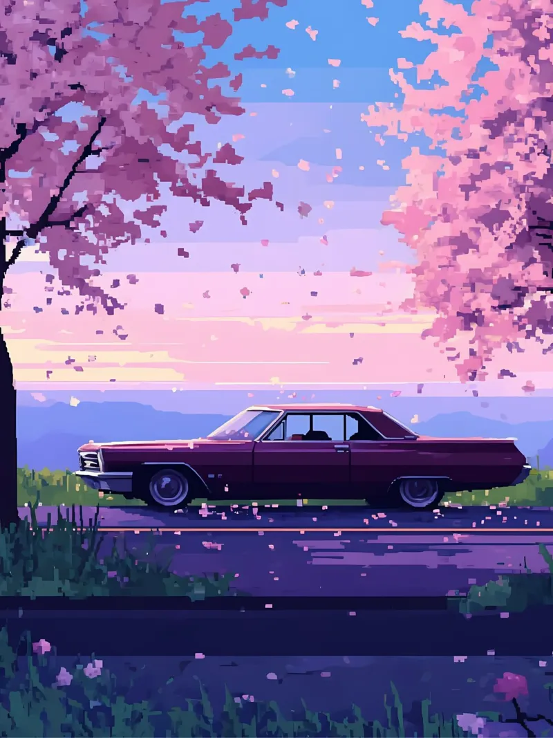 Un'auto retrò con fiori di ciliegio Lofi Art pellicola backlit da LoFi Gallery