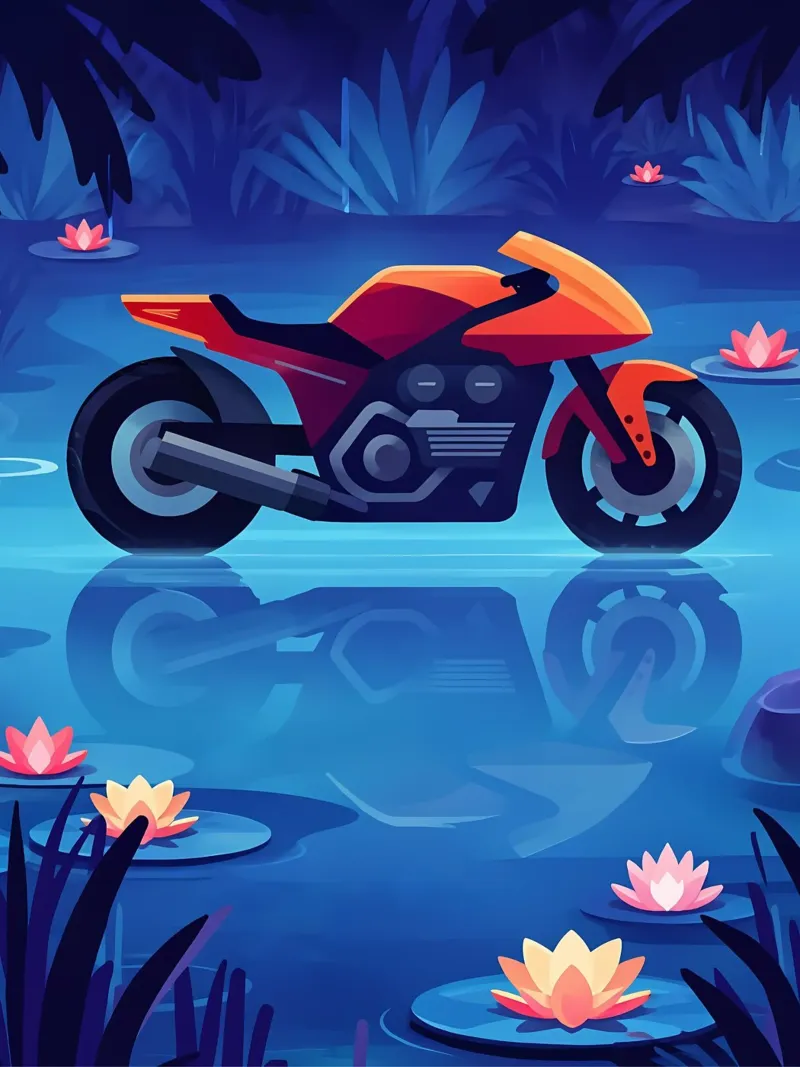 Una moto moderna in un sognante laghetto floreale Lofi Art poster con telaio in alluminio da LoFi Gallery