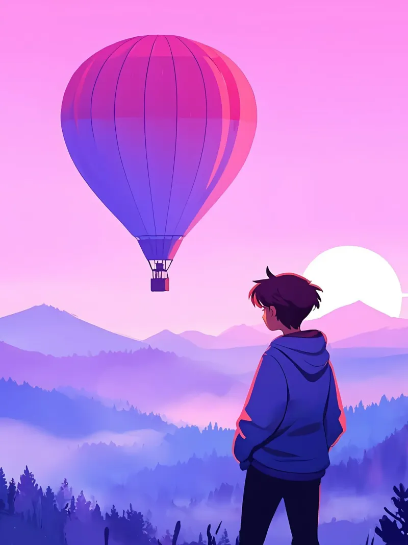 Un ragazzo che guarda la mongolfiera Lofi Art plexiglass da LoFi Gallery