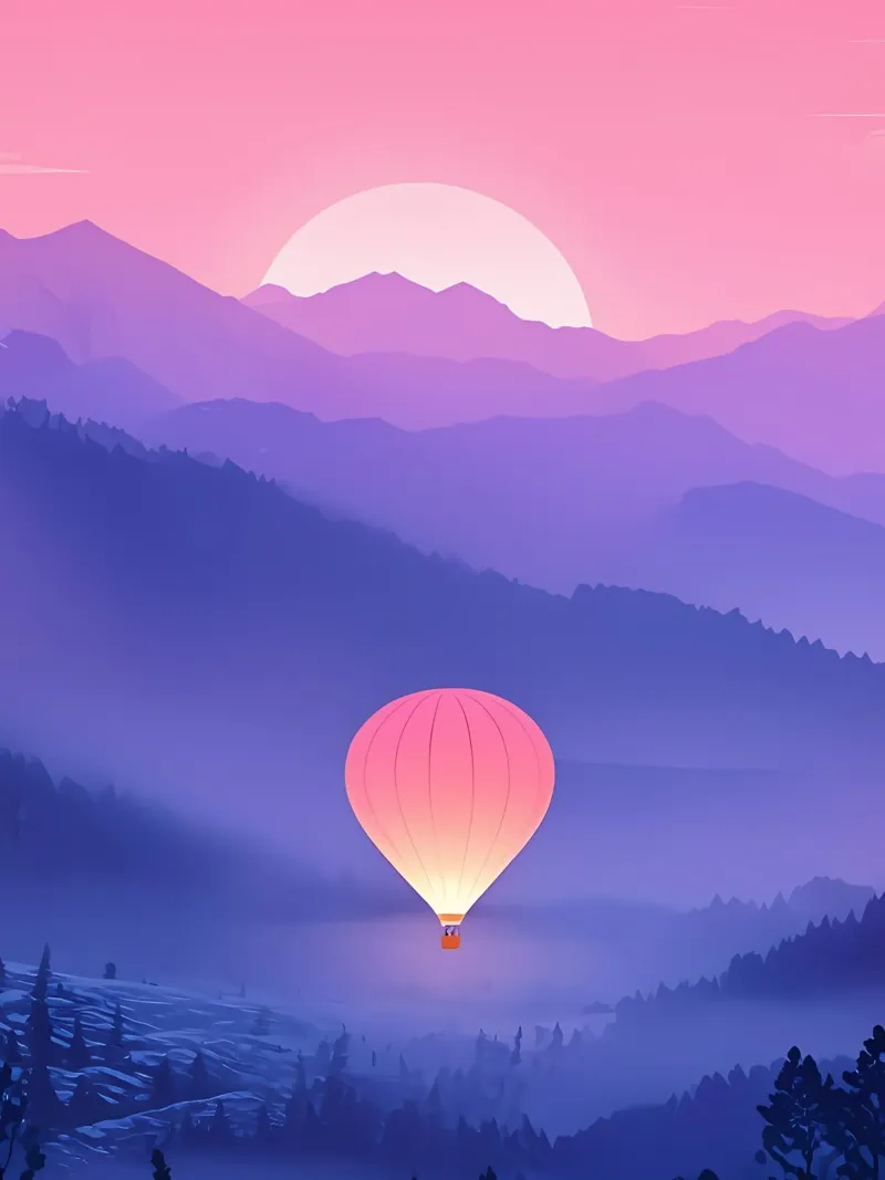 Una mongolfiera che fluttua tra le montagne Lofi Art poster con telaio in alluminio da LoFi Gallery