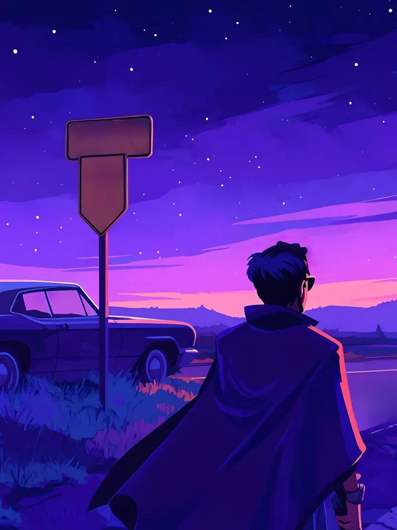 Eine Person, die in der Nähe ihres Autos steht, in abendlicher Lofi-Kunst Hahnemühle von LoFi Gallery