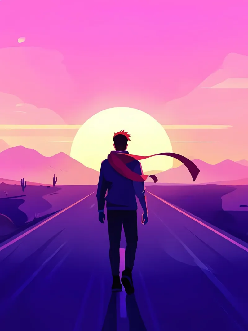 Una persona che cammina verso un sentiero al tramonto Lofi Art alluminio dibond da LoFi Gallery