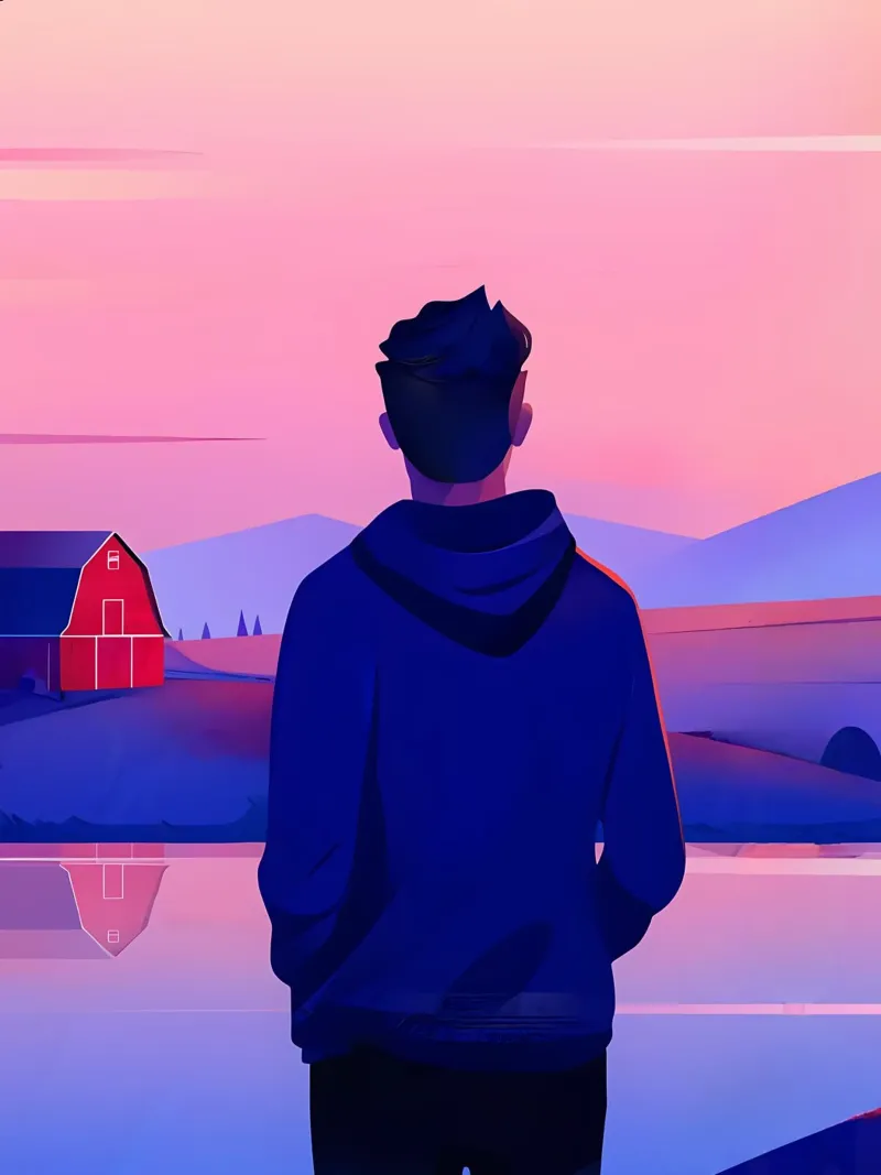 Una persona in piedi vicino a uno stagno in sera tramonto Lofi Art pannello forex da LoFi Gallery