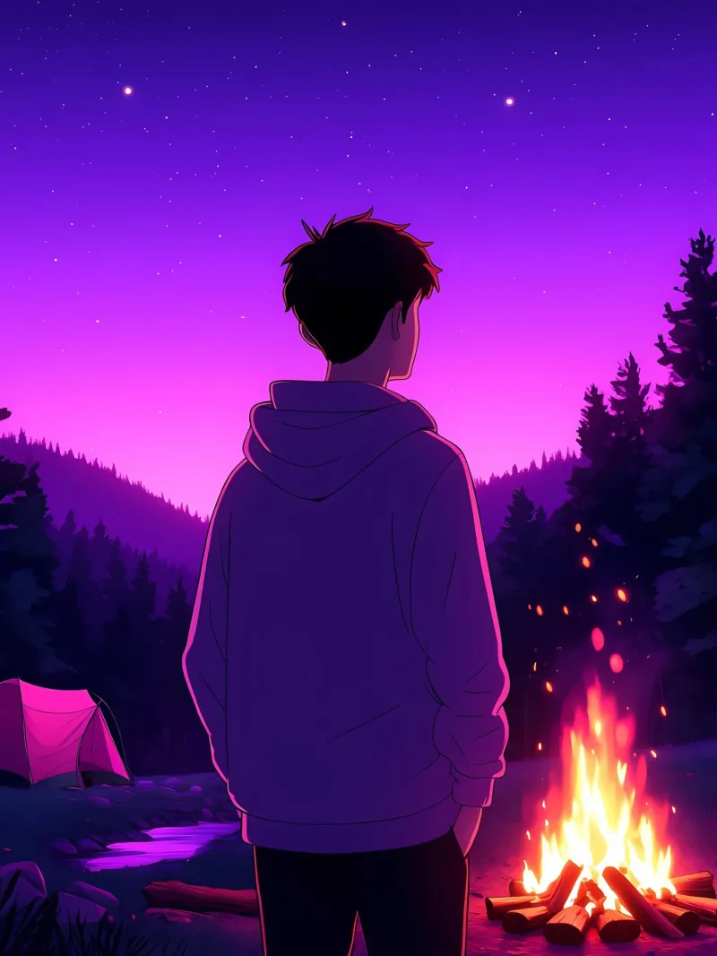 Un ragazzo in piedi vicino all'incendio Lofi Art poster con telaio in plastica da LoFi Gallery