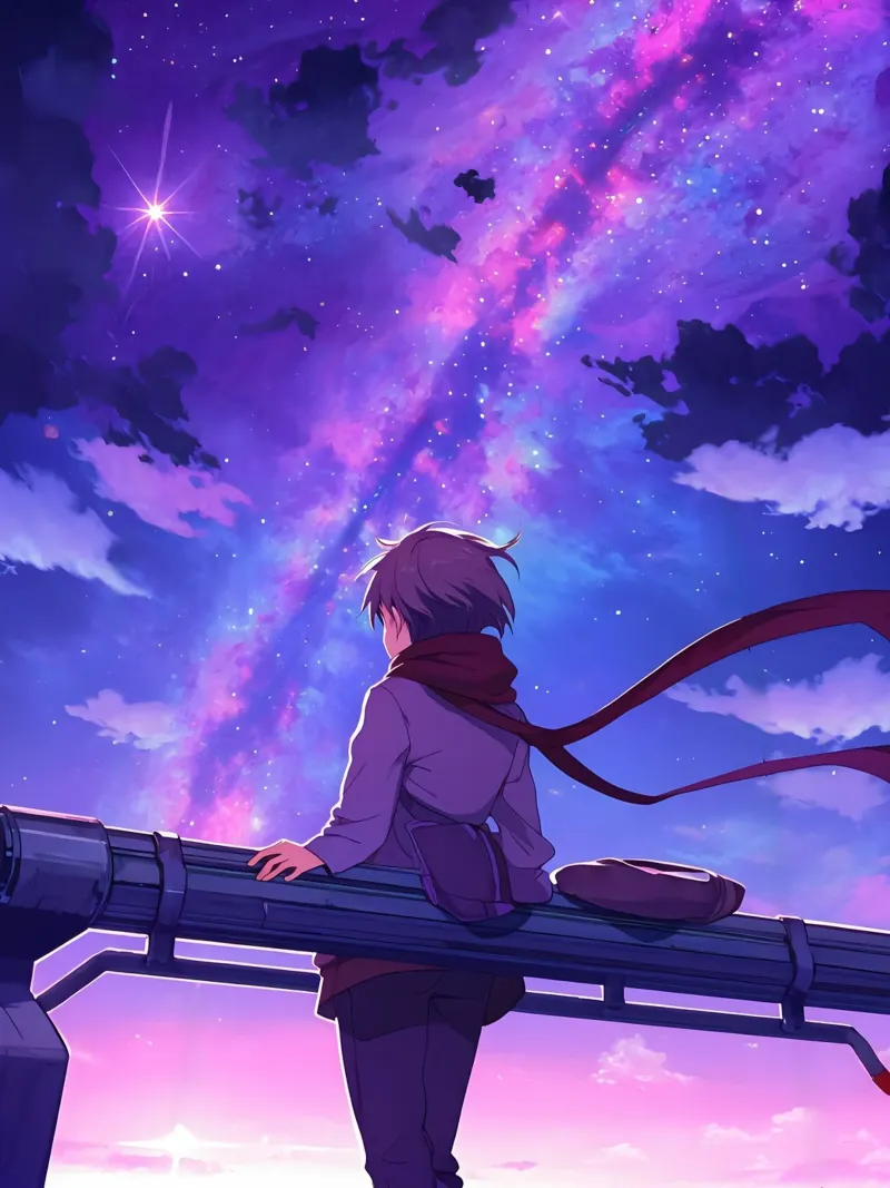 Homme regardant le ciel nocturne seul Lofi Art poster avec cadre en bois de LoFi Gallery