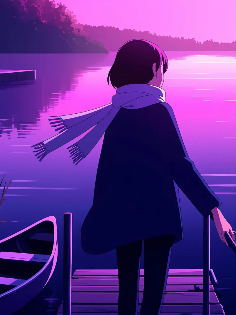 Ein Mädchen, das am Riverside Dock steht Lofi Art Hahnemühle von LoFi Gallery