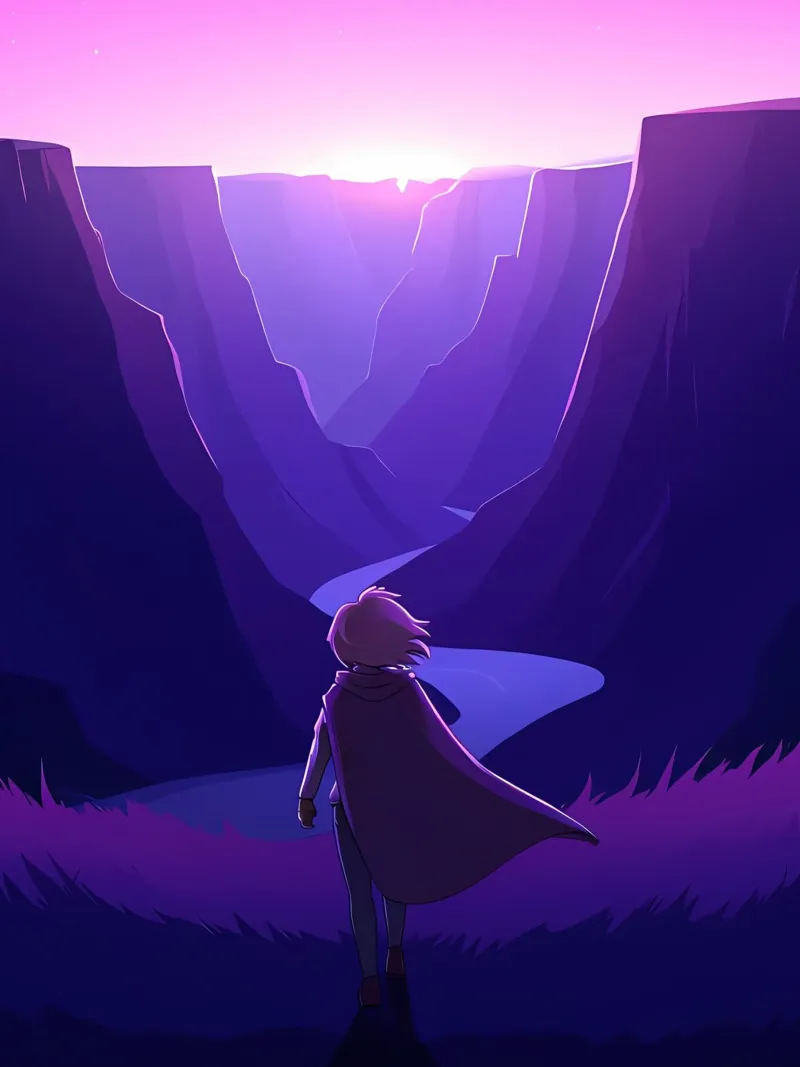 Una ragazza che cammina per le valli di sera Lofi Art poster con telaio in alluminio da LoFi Gallery