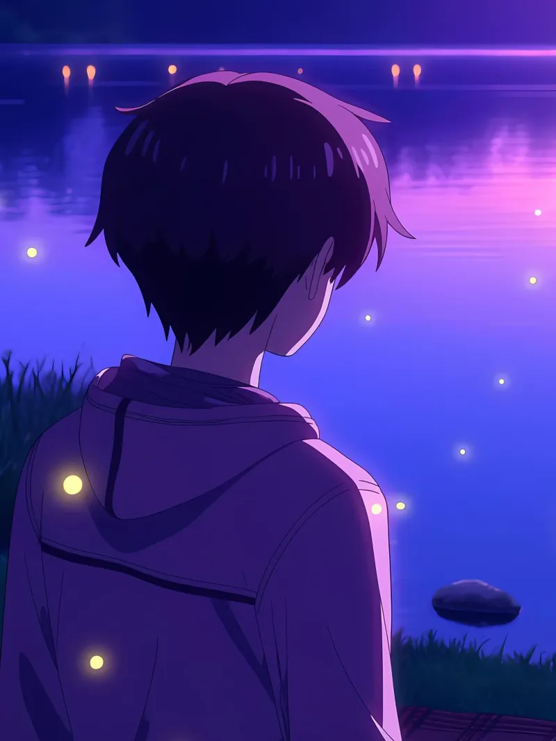 Un ragazzo in piedi vicino a uno stagno con lucciole Lofi Art pellicola backlit da LoFi Gallery