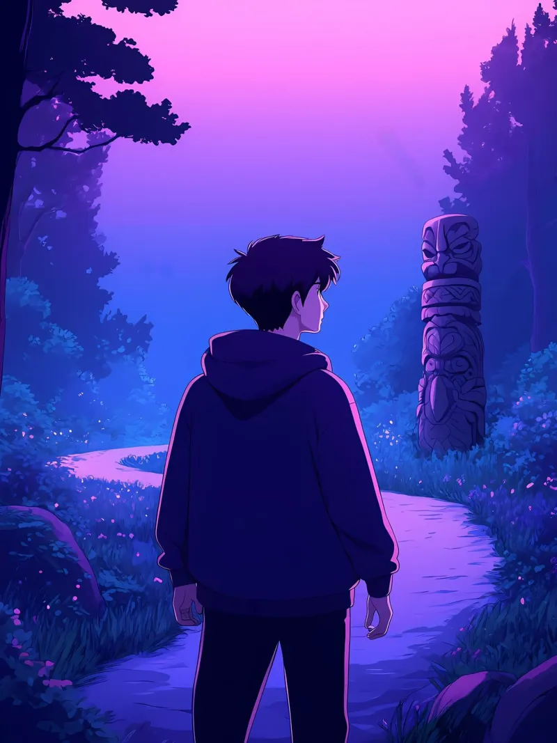 Un garçon marchant dans un sentier de forêt ancienne Lofi Art hahnemühle de LoFi Gallery